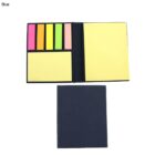 Open sticky note set with colorful tabs and a yellow pad, next to its closed dark blue cover.