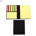 Set of sticky notes in various colors and sizes with a black cover shown open and closed.