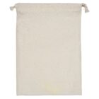 Beige drawstring cloth bag laying flat against a white background.
