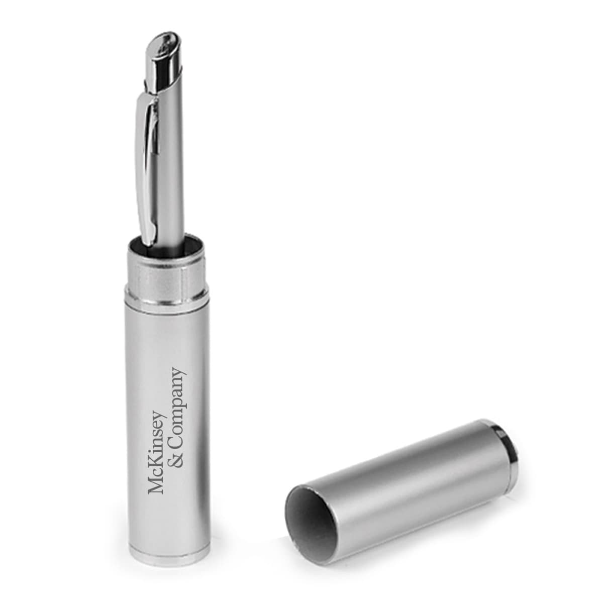 A sleek, silver pen with the cap off, standing upright. The words McKinsey & Company are printed on the side. The cap is placed beside the pen, also silver, and cylindrical in shape.