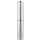 A tall, cylindrical silver container with a shiny finish, featuring a sleek design and a visible seam near the middle, resembling a lipstick tube or pill case.