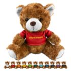 Brown teddy bear in a red shirt labeled plant mama, with smaller bears in colorful shirts below.