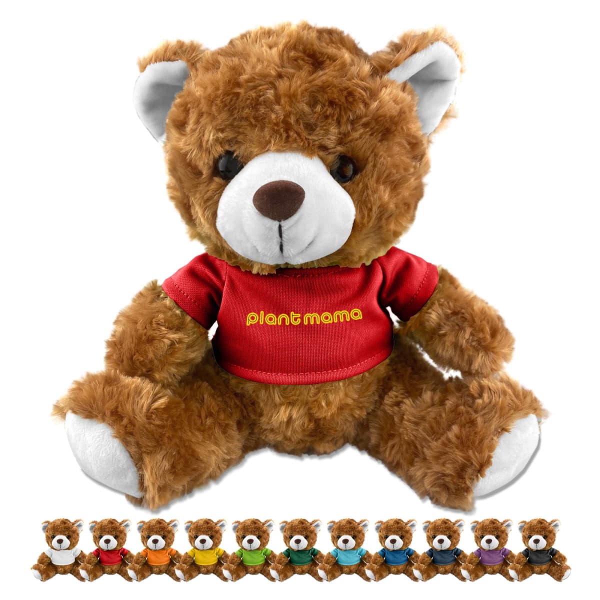 Brown teddy bear in a red shirt labeled plant mama, with smaller bears in colorful shirts below.