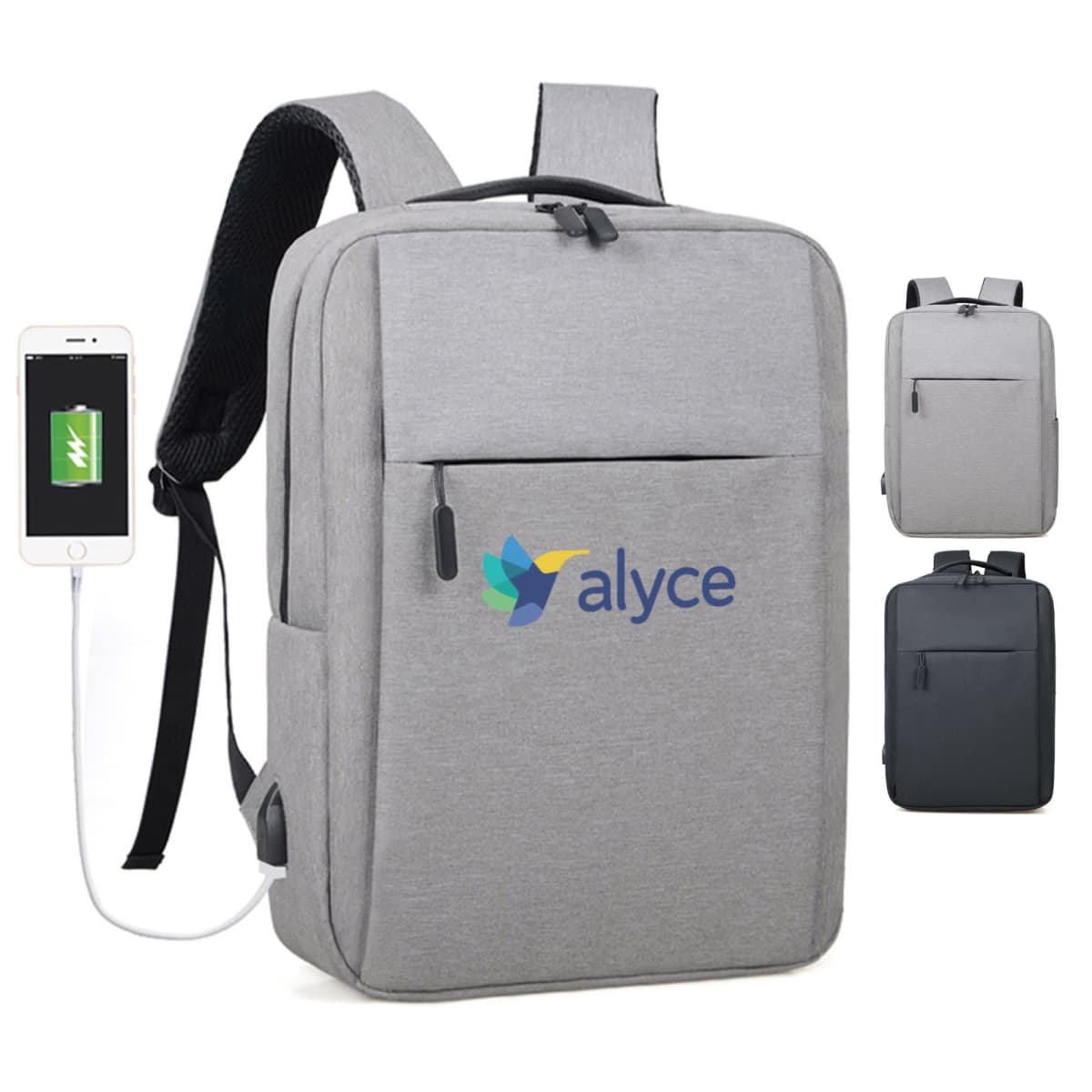 Gray backpack with front pocket and logo reading alyce in blue. Features a USB port for charging, shown with a phone connected. Smaller images show different angles and a black color option.