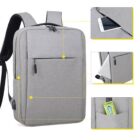 A gray backpack with multiple compartments. Close-up shots show pockets holding a tablet, phone, and cylindrical item. The backpack has a sleek design with black zippers and a carrying handle on top.