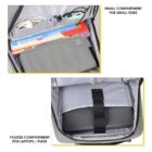 Two images show the interior of a backpack. The top image shows a small compartment with cables, books, and small items. The bottom image shows a padded compartment containing a laptop or iPad secured with a strap.