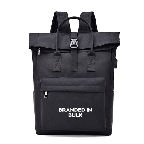 Black backpack with front pocket and BRANDED IN BULK text printed in white.