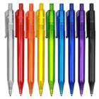 Nine Budget Transparent Logo Click Pens: clear, red, orange, yellow, green, blue, purple, black.