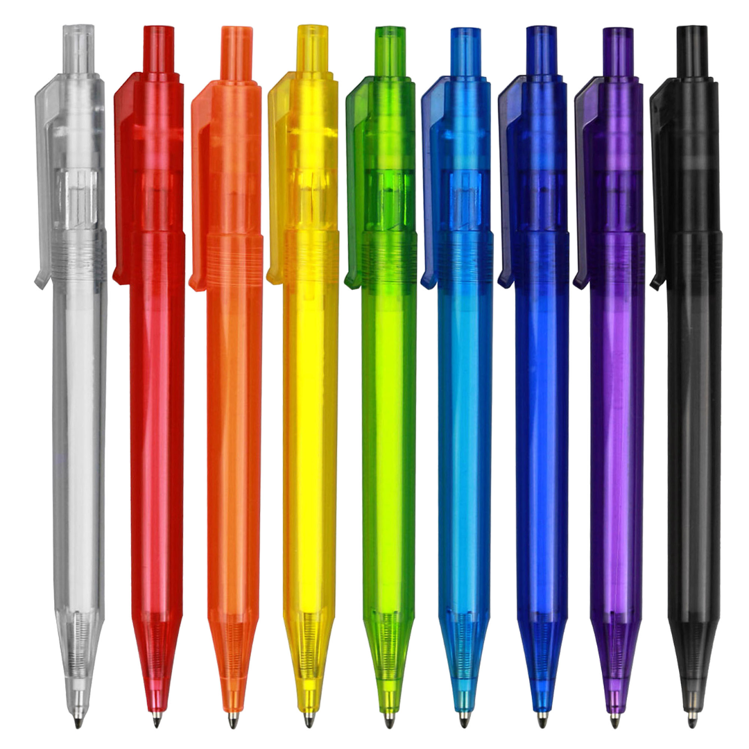 Nine Budget Transparent Logo Click Pens: clear, red, orange, yellow, green, blue, purple, black.