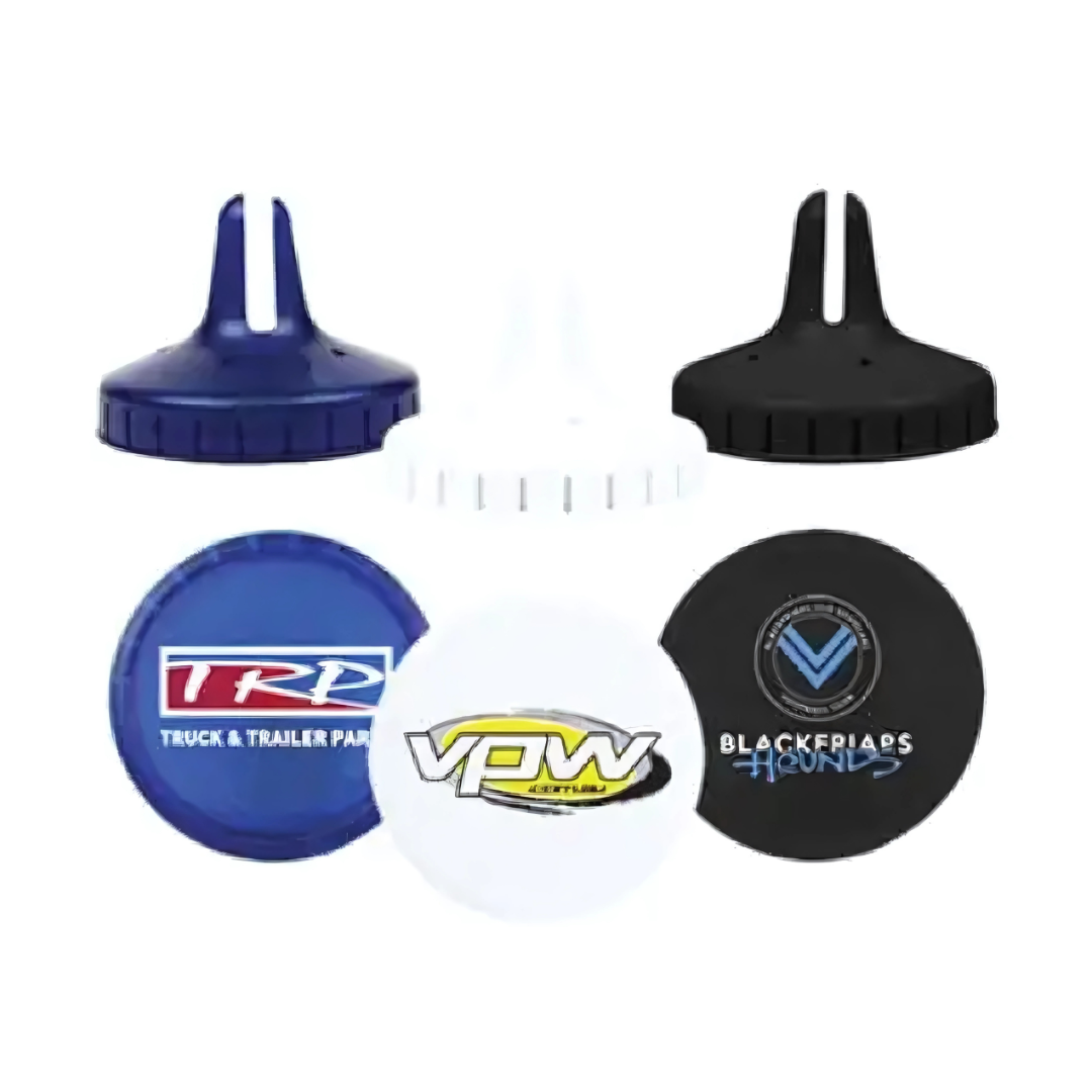 Three Custom Printed Car Vent Fresheners arranged with spouts and lids.