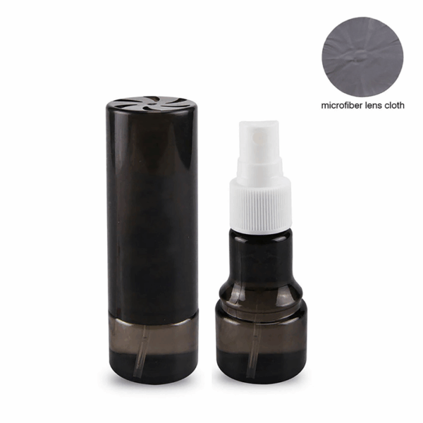 Two black Customised Screen Cleaner Sprays with a microfiber cloth shown in a circle inset.