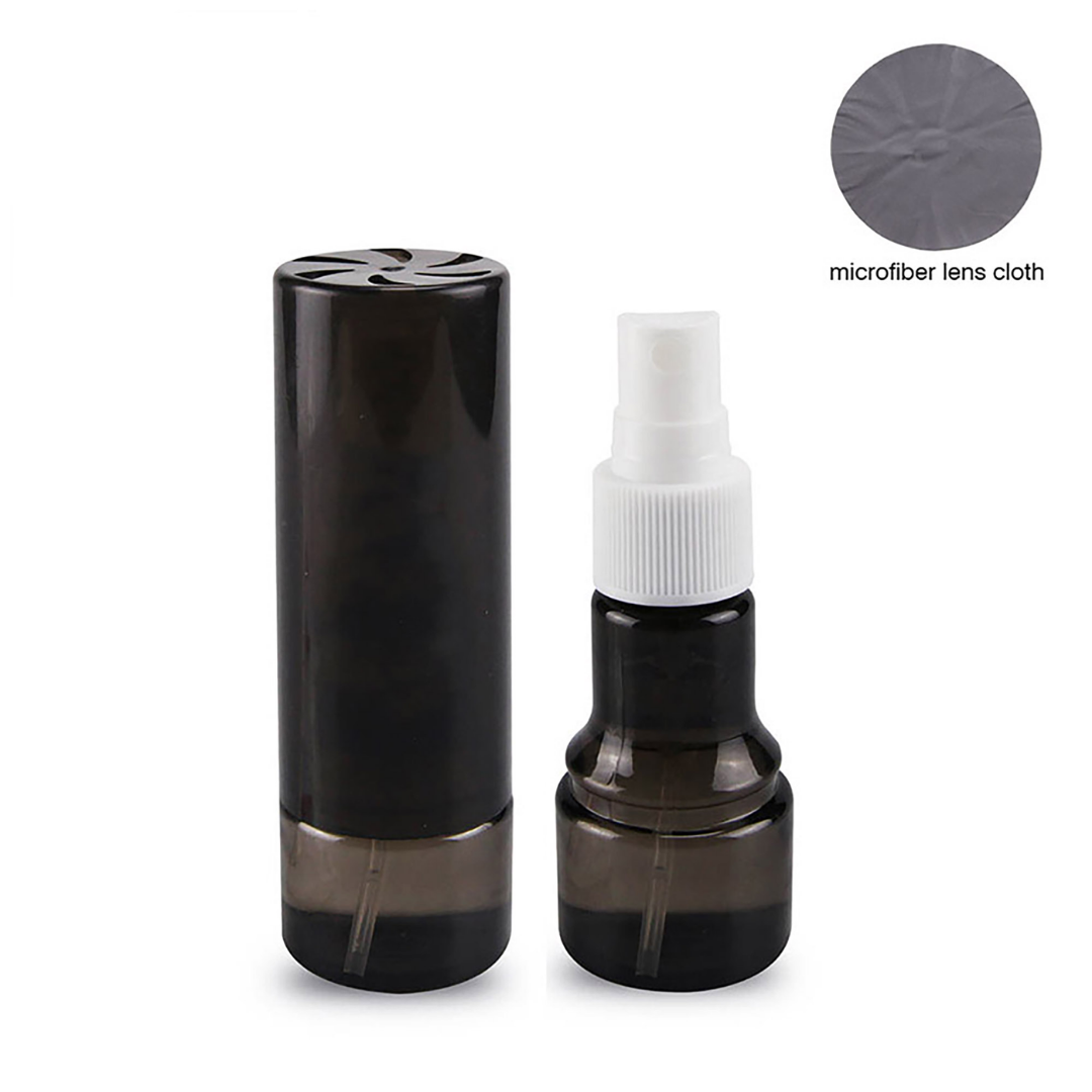 Two black Customised Screen Cleaner Sprays with a microfiber cloth shown in a circle inset.