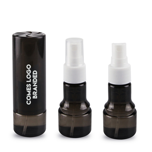 Three small black spray bottles, two with white nozzles, one with a cap labeled COMES LOGO BRANDED.