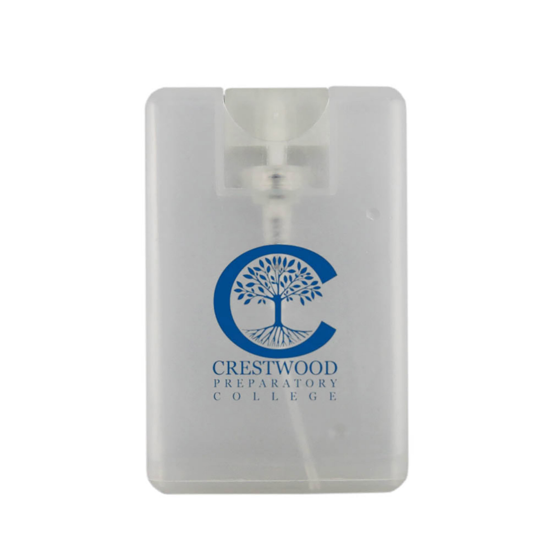 Logo Printed Hand Sanitiser Cards with Crestwood Preparatory College logo and blue tree design.