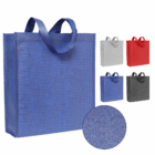 Luxury Pattern Non-Woven Tote Bags in blue, white, red, gray & black with texture close-up.