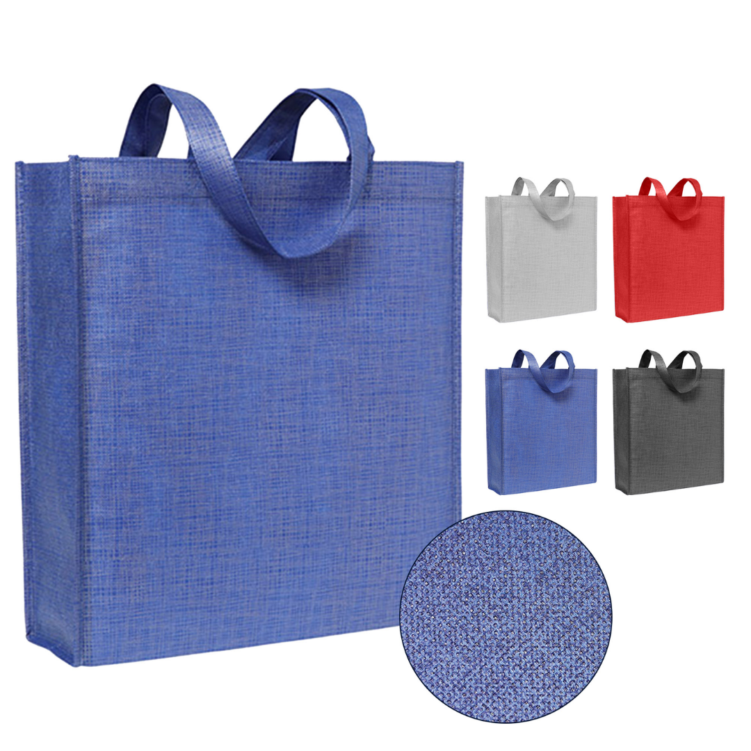 Luxury Pattern Non-Woven Tote Bags in blue, white, red, gray & black with texture close-up.
