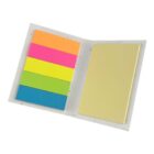An open notepad displaying a set of colorful sticky notes in pink, orange, green, yellow, and blue on the left side and plain yellow sticky notes on the right side, all contained within a white cover.