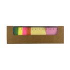 A brown paper case holds a ruler with adhesive notes underneath. The adhesive notes are in neon pink, yellow, green, orange, yellow, and pink. The ruler is clear with markings from 1 to 12 centimeters above the notes.