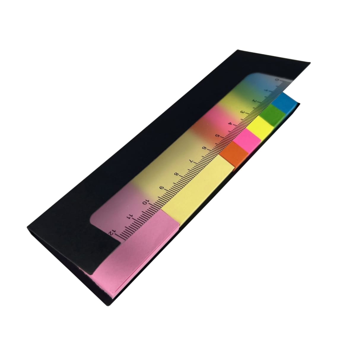 A transparent ruler marked with centimeters and vibrant, colorful sticky tabs attached along the bottom edge, featuring shades of pink, yellow, green, and blue, all set against a black background.