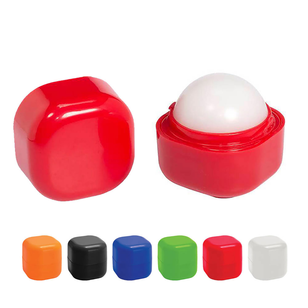 Personalised Lip Balm Cubes Vanilla, one open, others closed in assorted colors.