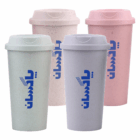 Set of 4 Phoenix Reusable Eco Coffee Cups in pastel colors with blue vertical text.
