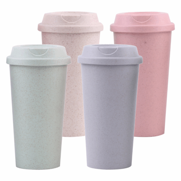 Set of 4 Phoenix Reusable Eco Coffee Cups in pastel pink, purple, green & beige with lids.
