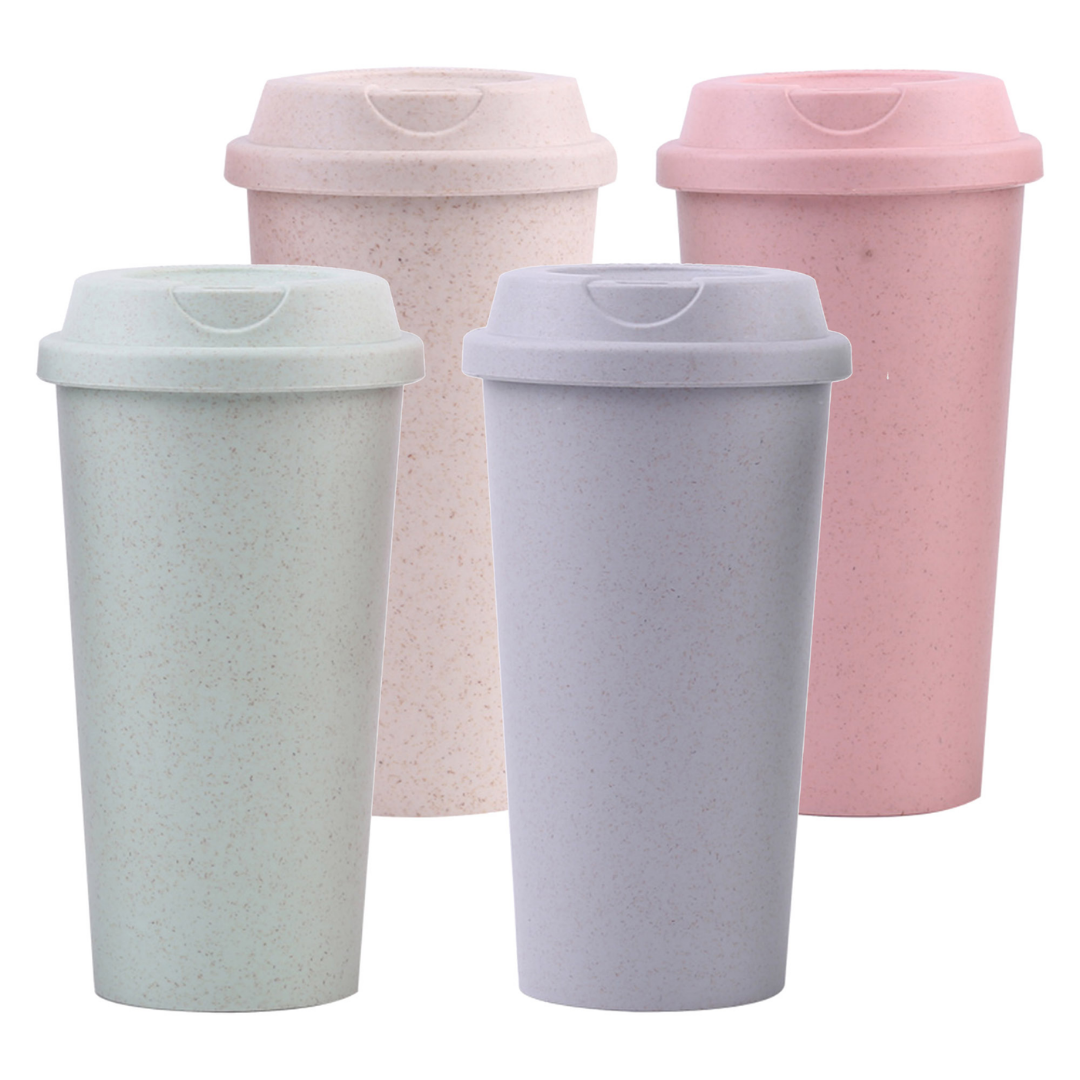 Set of 4 Phoenix Reusable Eco Coffee Cups in pastel pink, purple, green & beige with lids.