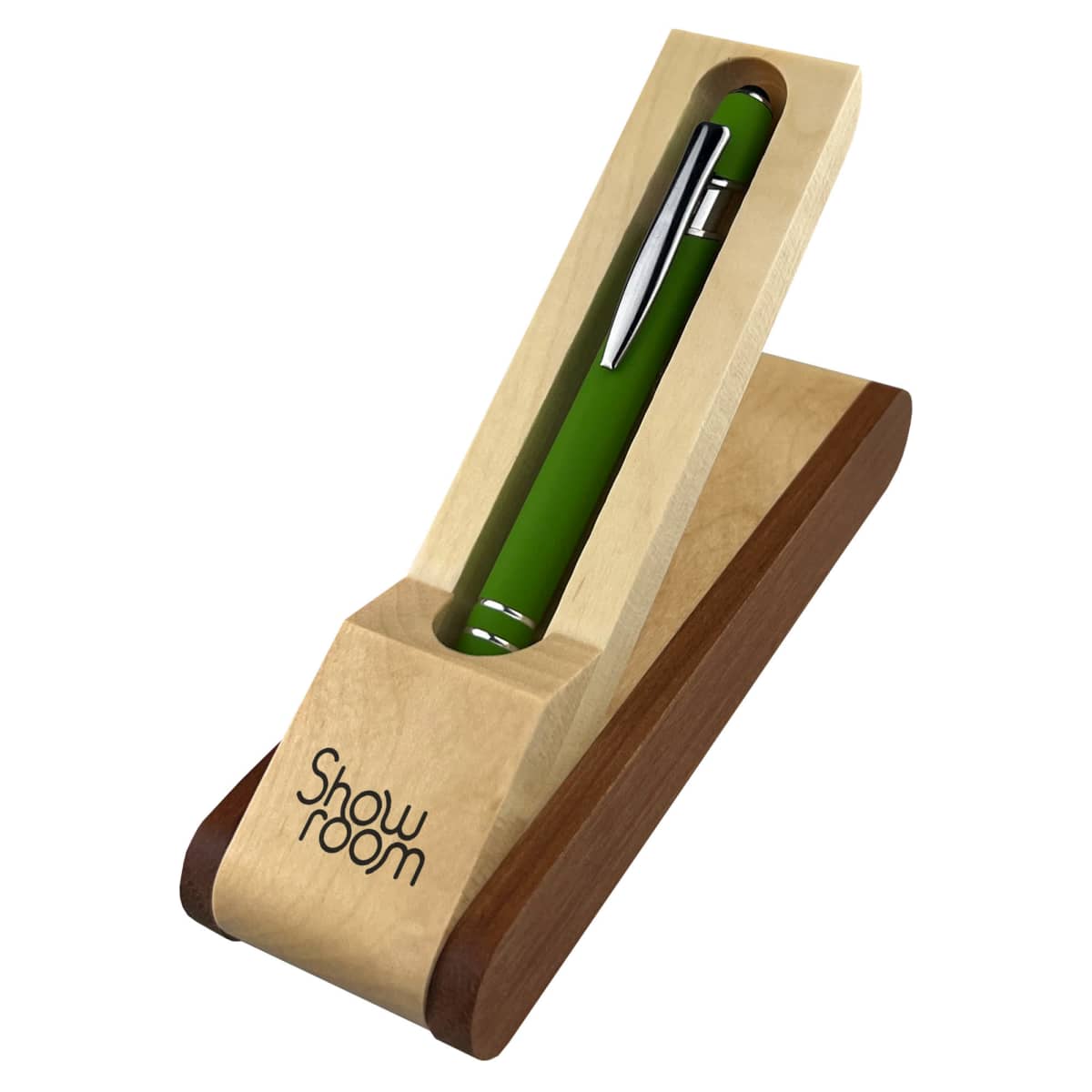 Green pen in a wooden pen holder engraved with Showroom.
