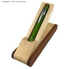 Green pen displayed in a wooden pen holder with light and dark wood finishes.