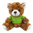 A brown teddy bear wearing a green shirt, sitting on a white background.