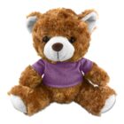 Brown teddy bear wearing a purple shirt, sitting against a white background.