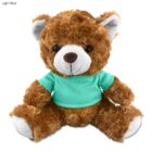 Brown teddy bear wearing a light blue t-shirt, sitting against a white background.