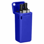 Blue flip-top case holds two black earplugs and folding eco straws with logo.