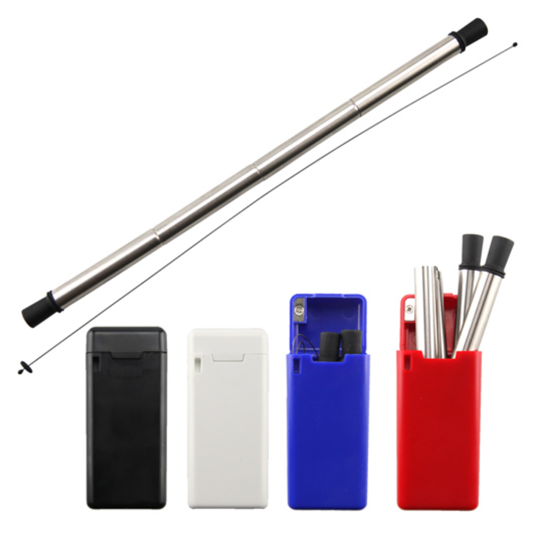 Portable Folding Eco Straws With Logo, brush, and 4 colored carrying cases, open/closed.