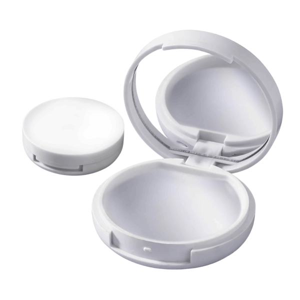 Open and closed white Promotional Lip Gloss Mirror Cases on a white background.