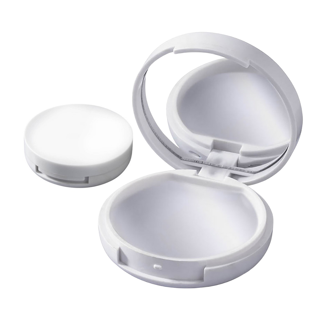Open and closed white Promotional Lip Gloss Mirror Cases on a white background.