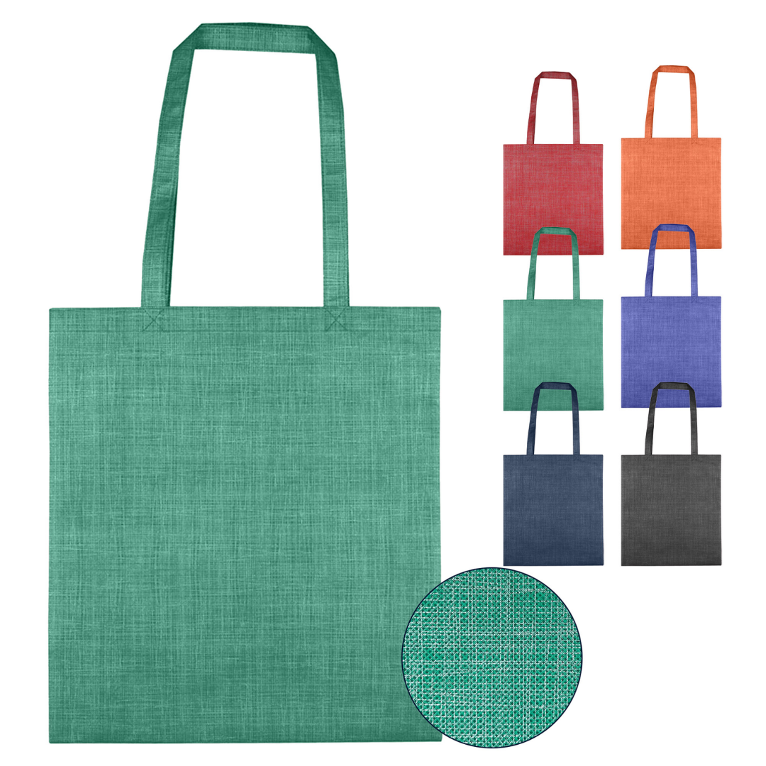 Seven Promotional Pattern Non-Woven Bags with long handles, shown in a textured close-up.
