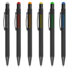 Set of six Promotional Rubberised Metal Stylus Pens with colored tips: white, red, orange, yellow, green, blue.
