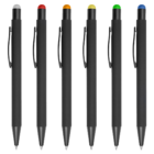 Set of 6 Promotional Rubberised Metal Stylus Pens with colored tips: gray, red, orange, yellow, green, blue.