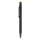 Black Promotional Rubberised Metal Stylus Pen with yellow top and clip on white background.