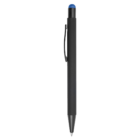 Promotional Rubberised Metal Stylus Pen in black with blue click top, shown vertically.