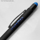 Promotional Rubberised Metal Stylus Pen, black, blue tip, ninjaOne engraved on barrel.