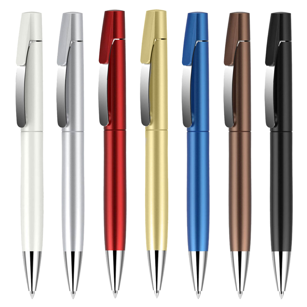 Seven Shark Metallic Plastic Pens in assorted colors lined up vertically on white.