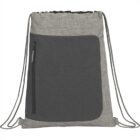 Gray drawstring backpack with a front zipper pocket on a white background.