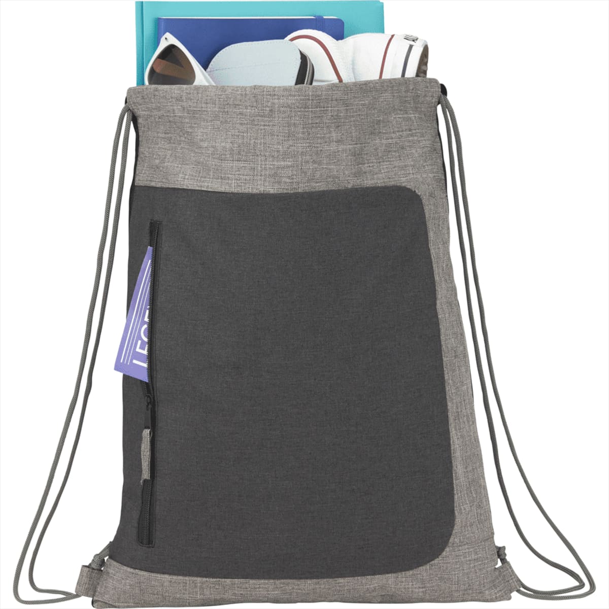 Gray drawstring backpack with books and a white headphone visible inside.