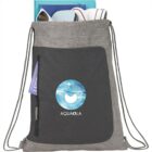 Gray drawstring bag with AQUAOLA logo, filled with books and files.