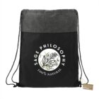 Black drawstring bag with SAGE PHILOSOPHY and plant design.