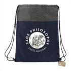 Blue and gray drawstring bag with Sage Philosophy, 100% Natural and plant design.