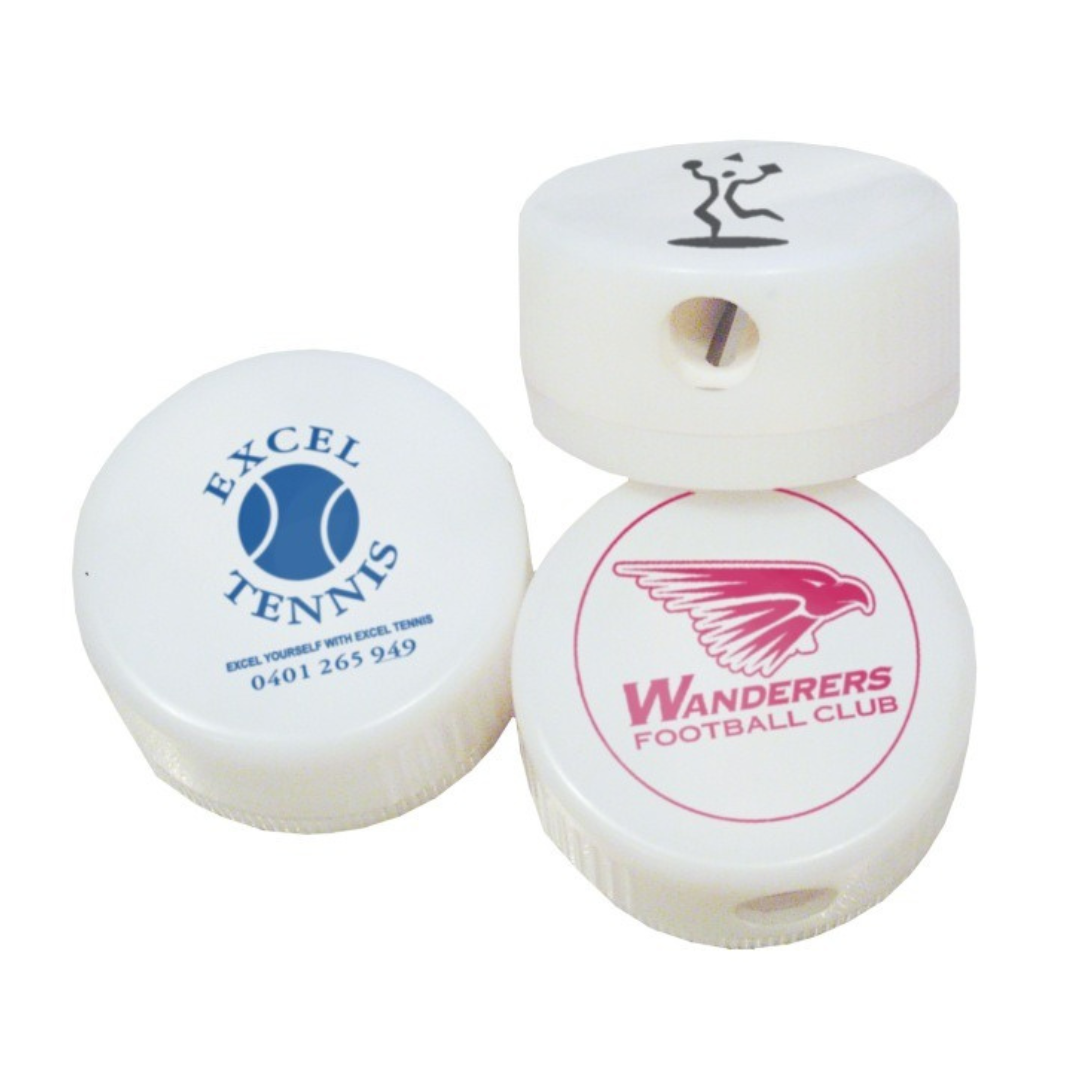 Three Logo Printed Student Pencil Sharpeners with unique blue, black, and red prints.