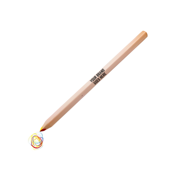 Tricolour Promotional Wooden Pencil with YOUR BRAND, drawing a vibrant, colorful doodle.